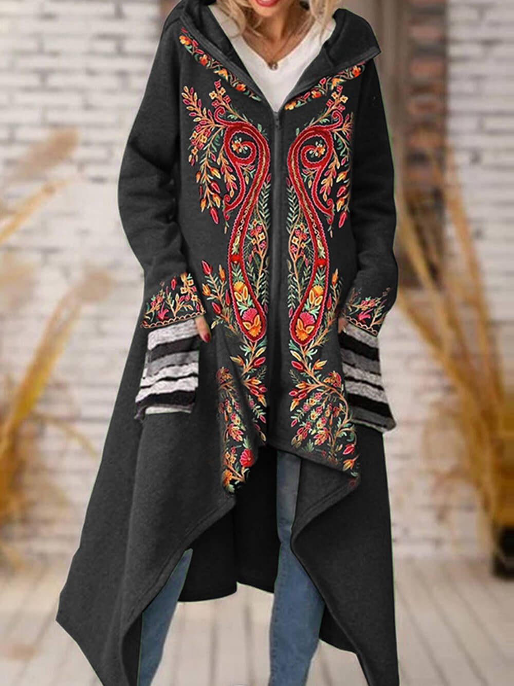 Floral Open Hooded Knit Blend Shrug Coat