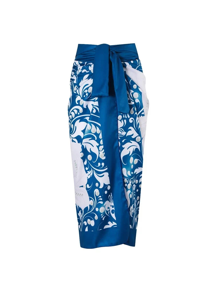 Blue Swimsuit Set Pearl Floral Accents