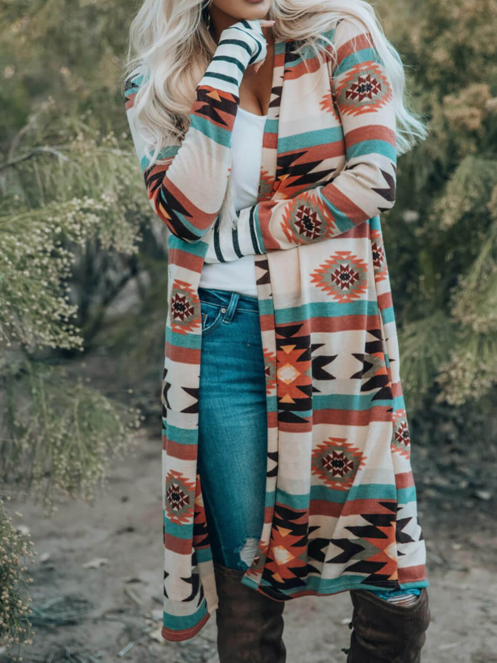 Multicolor Geometric Color Block Long Cardigan