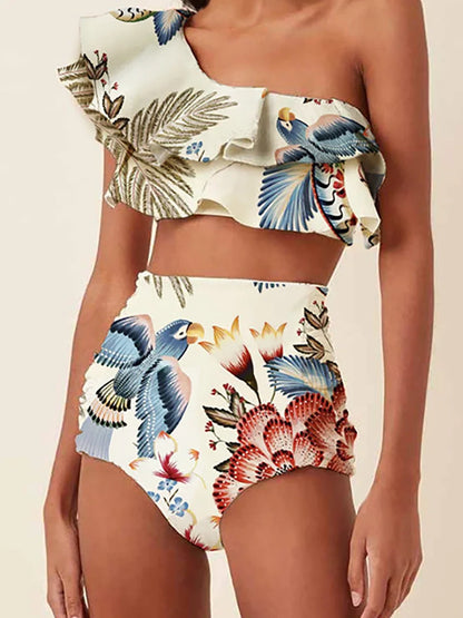 Tropical Toucan Ruffle One-Shoulder Bikini