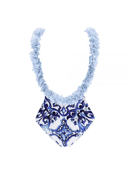 Blue One-Piece Bikini with Handmade Appliqué