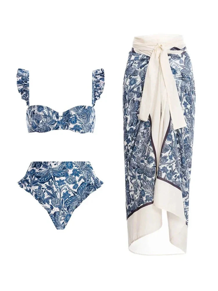 Blue Dragonfly Print Ruffle Bikini Set