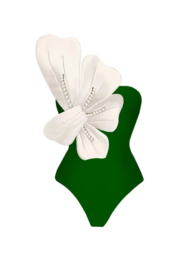 Green Swimsuit Set Pearl Floral Embellishments