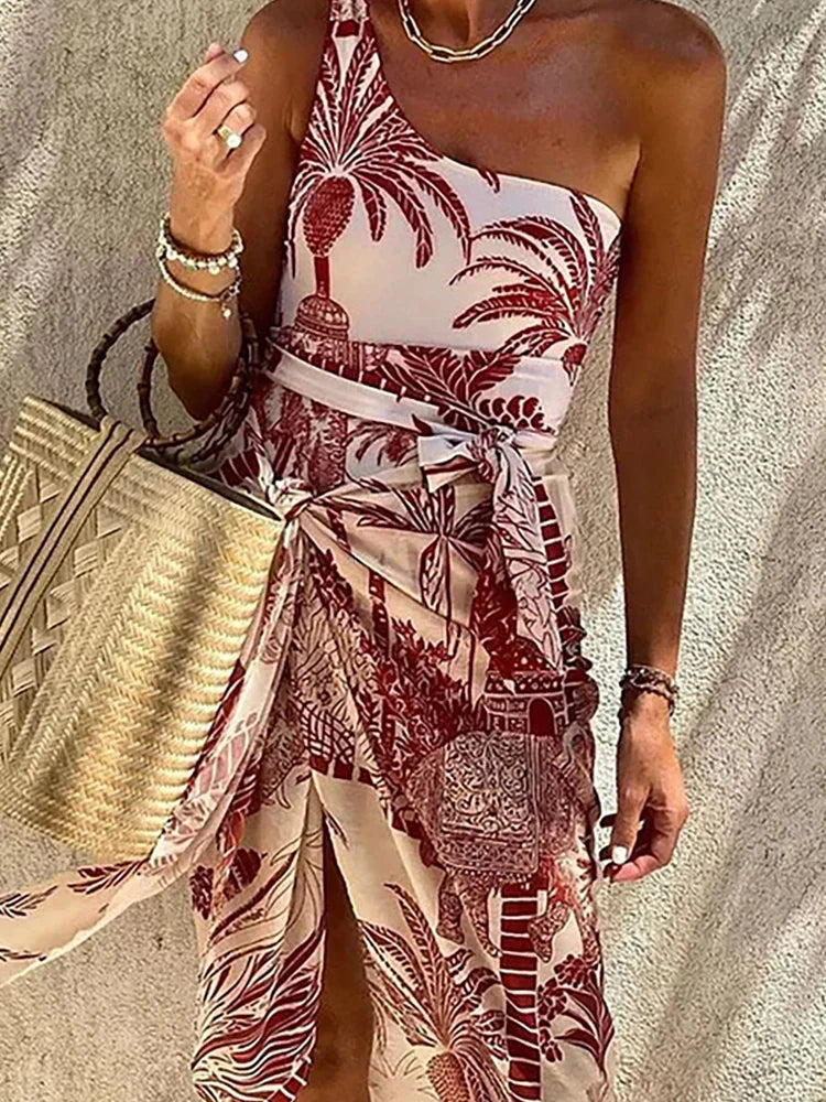 One-Shoulder Palm Print Swimsuit Set