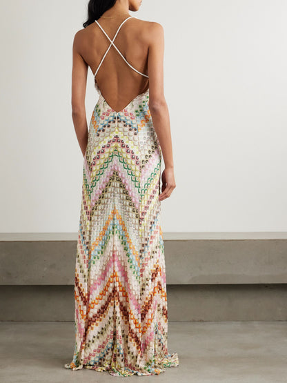 Knit Colorful Herringbone Print Open Beck Maxi Dress