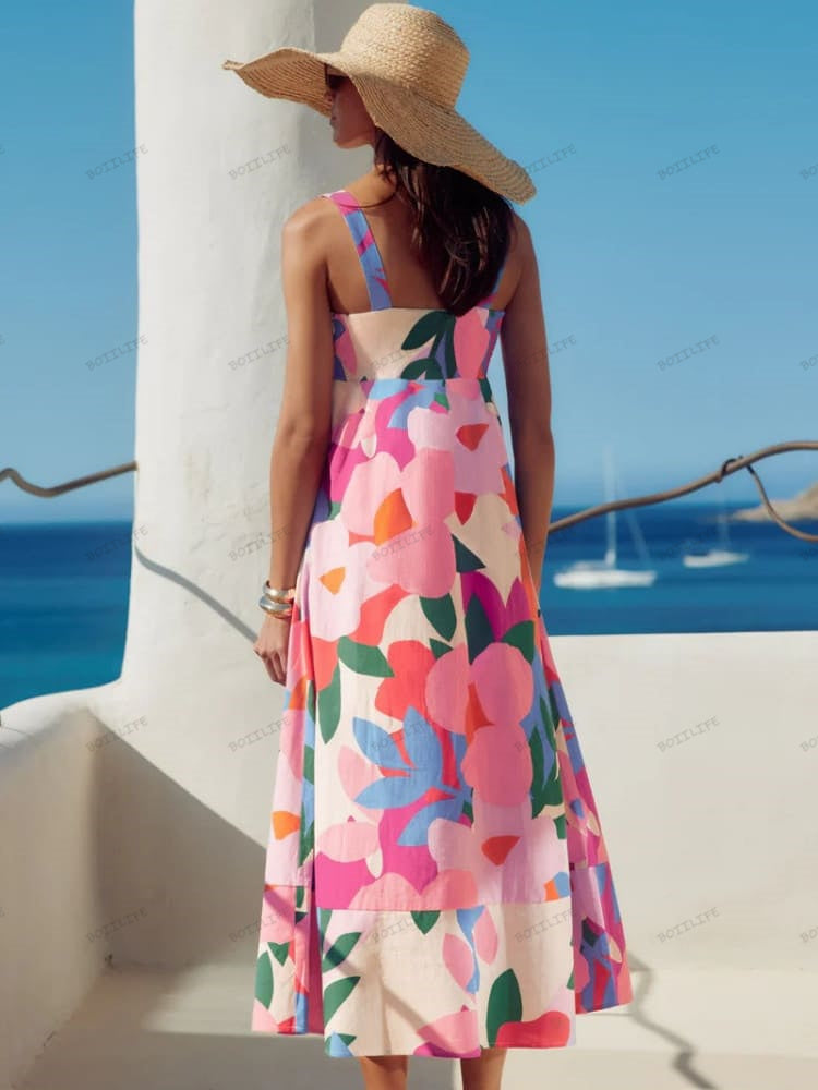 Vacation-Style French Floral Print Maxi Dress