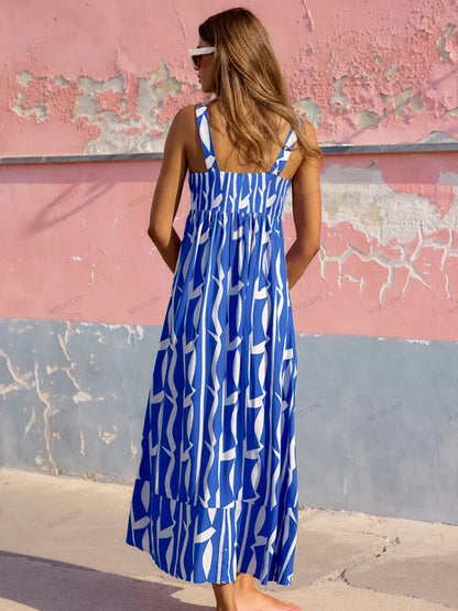 Vacation-Style French Floral Print Maxi Dress