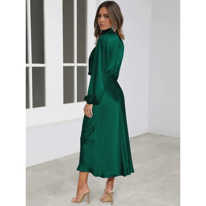 Étoile™ Satin Halter Evening Dress – Elegant Long Sleeve Formal Gown