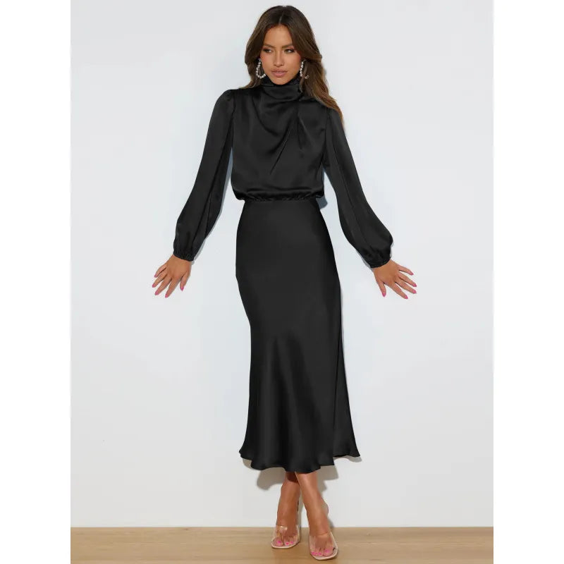 Étoile™ Satin Halter Evening Dress – Elegant Long Sleeve Formal Gown