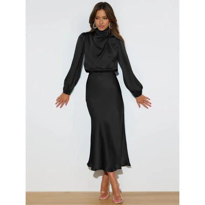 Étoile™ Satin Halter Evening Dress – Elegant Long Sleeve Formal Gown