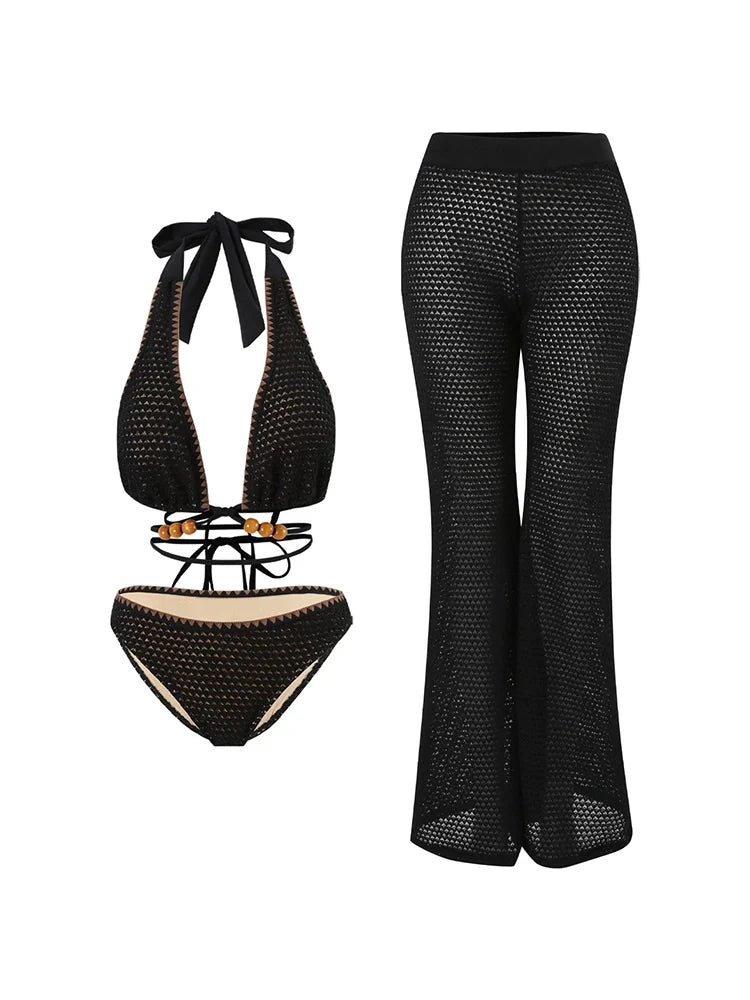 Beaded Knit Tie-String Black Bikini Set