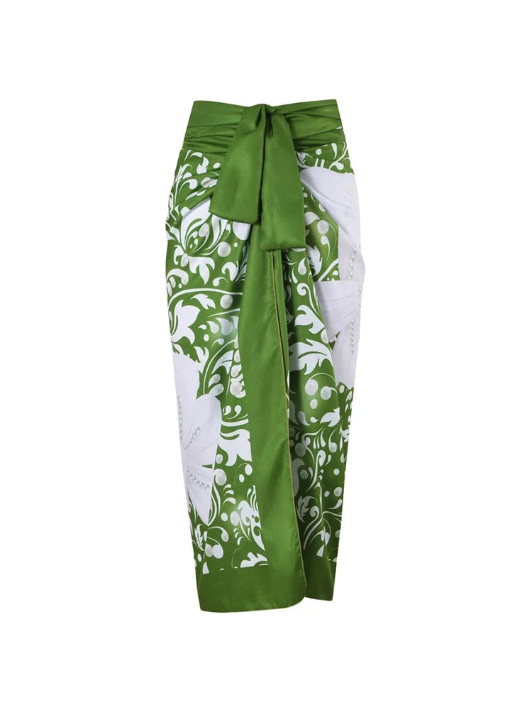 Green Swimsuit Set Pearl Floral Embellishments