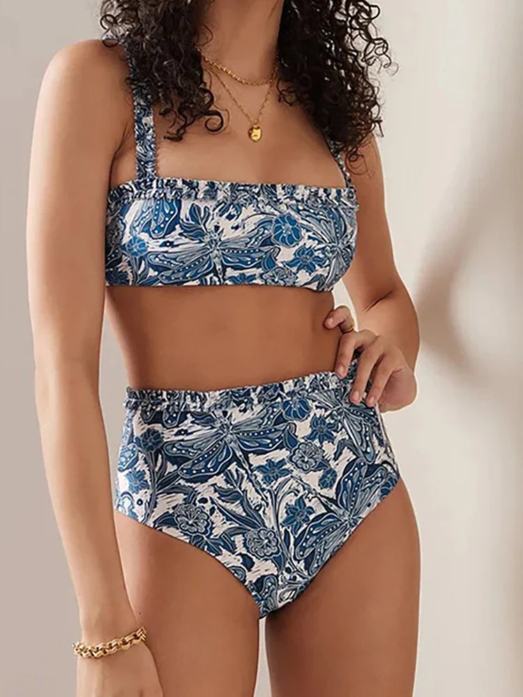 Blue Dragonfly Print Ruffle Bikini Set