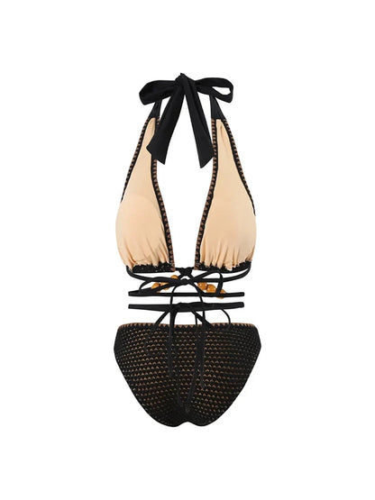 Beaded Knit Tie-String Black Bikini Set