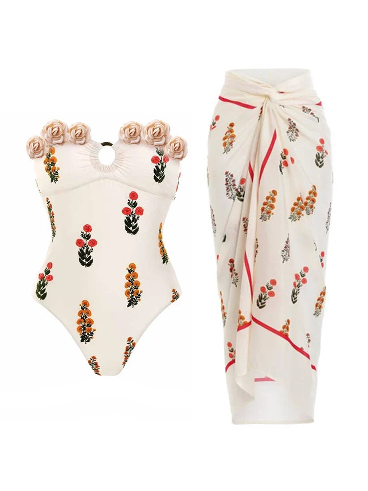 Strapless Floral Embellished One-Piece Swimsuit